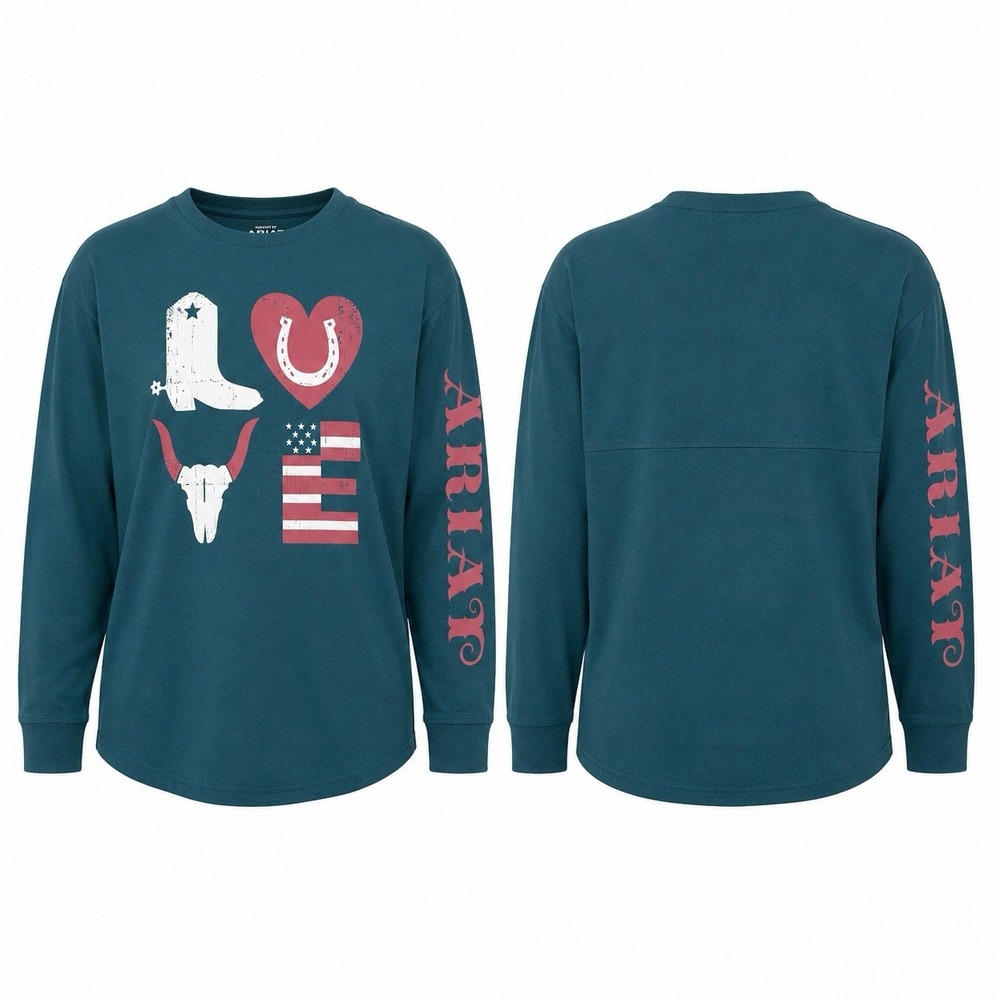 NEW Ariat Women’s L Love Oversized LS Tee Reflecting Pond Western Graphic Shirt